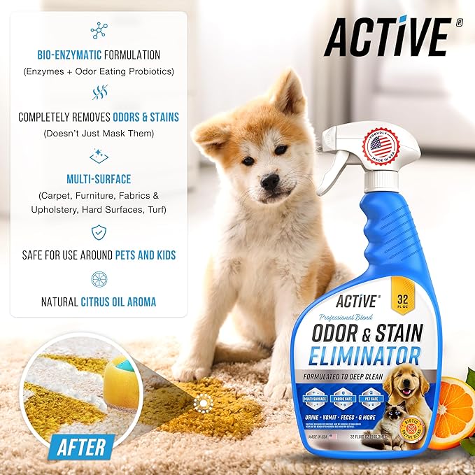 ACTIVE Pet Stain & Odor Eliminator and Dishwasher Cleaner - Includes 32oz Pet Stain & Urine Remover and 24ct Dishwasher Cleaning Tablets