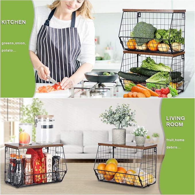 2 Tier Fruit Basket for Kitchen Counter, Hanging Fruit Baskets for Kitchen, Wall Basket Storage with Hooks, Stackable Wire Baskets for Storage Pantry, Potato and Onion Storage Bins with Wooden Lid