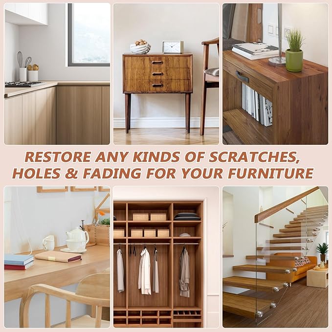 Natural Oak Wood Furniture Repair Kit, 6 Colors Wood Filler with Wood Putty, Wood Polish Wax for Holes, Scratches, Cracks, Stains, Restore Tables, Doors, Floors, Cabinet, Oak, Walnut - Set of 14