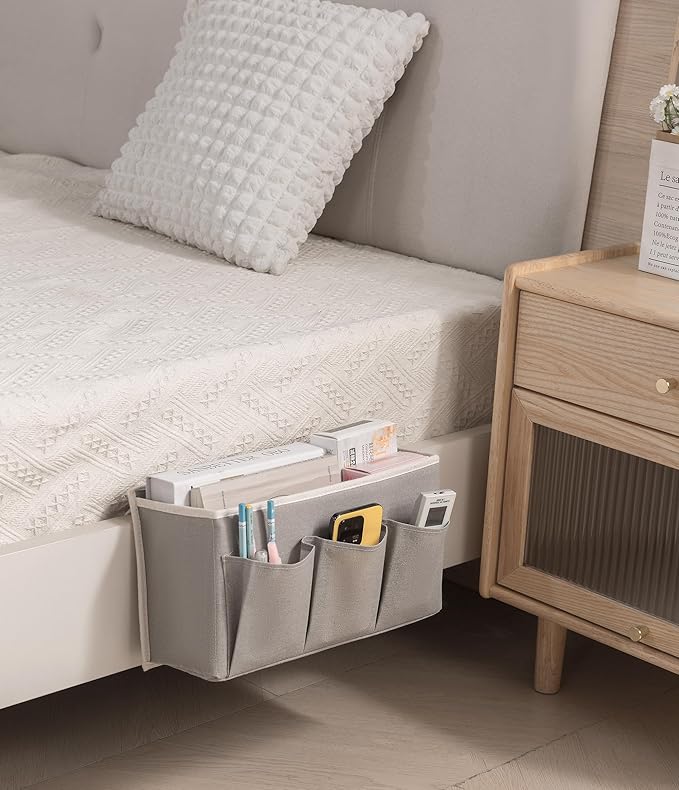 Bedside Caddy / Bedside Storage Organizer Hanging Bag with Three Options,Suitable for home beds, sofas, and dormitory beds—can hold magazines, books, phones, iPads, remote controls. (2-Pack Gray)