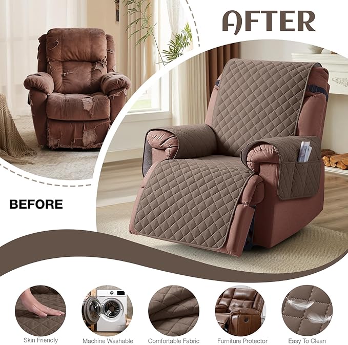 KinCam 100% Waterproof Recliner Chair Cover, Reclining Couch Covers for Pets, Dogs, Recliner Couch Slipcover Furniture Protector with Elastic Straps for Kids(23.6", Brown)