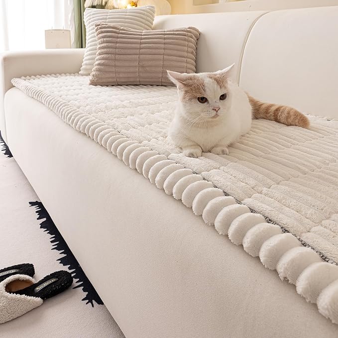 Couch Cover for Dogs Washable,Non Slip Fuzzy Durable Couch Covers for 3 Cushion Sofa Pet Friendly Sofa Cover Dog Thick Soft Slipcovers Protector Couches Mat Bed (White, 27.6" x 70.9"/70 x 180cm)