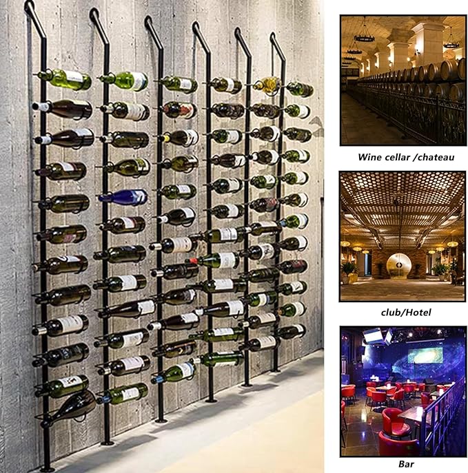 Wine Rack Wall Mounted, 72.8in High Metal Wine Bottle Holder for 12 Bottles, Kitchen Organization and Wine Storage for Commercial Restaurants Pantry Bar Wine Cellar (Gold, Four rows-48 Bottles)