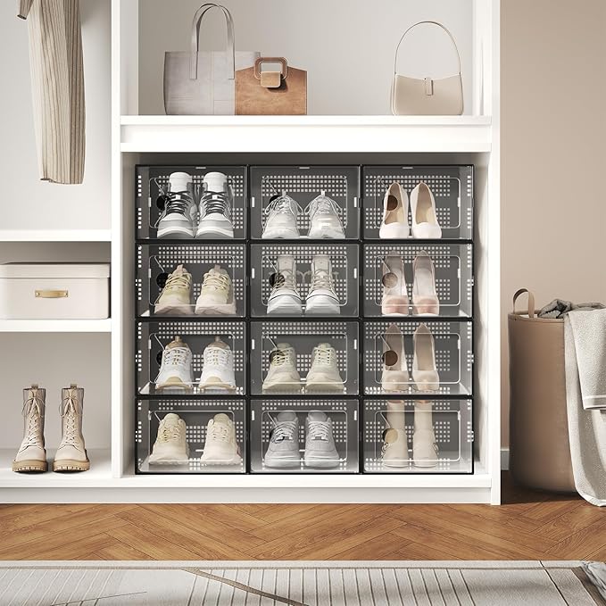 DUMOS 12-Pack Clear Shoe Boxes, Stackable Shoe Storage Container Organizer with Lids, Plastic Sneaker Case for Under Bed, Entryway, Sneaker Display and Storage, Black