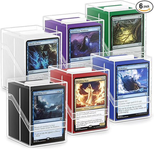 6 Pack Card Deck Boxes, Clear Commander Deck Case with 600Pcs Card Sleeves and Dividers, Standard Size Cards Storage Box Perfect Fit for MTG, Sport, Trading Cards (6 colors)