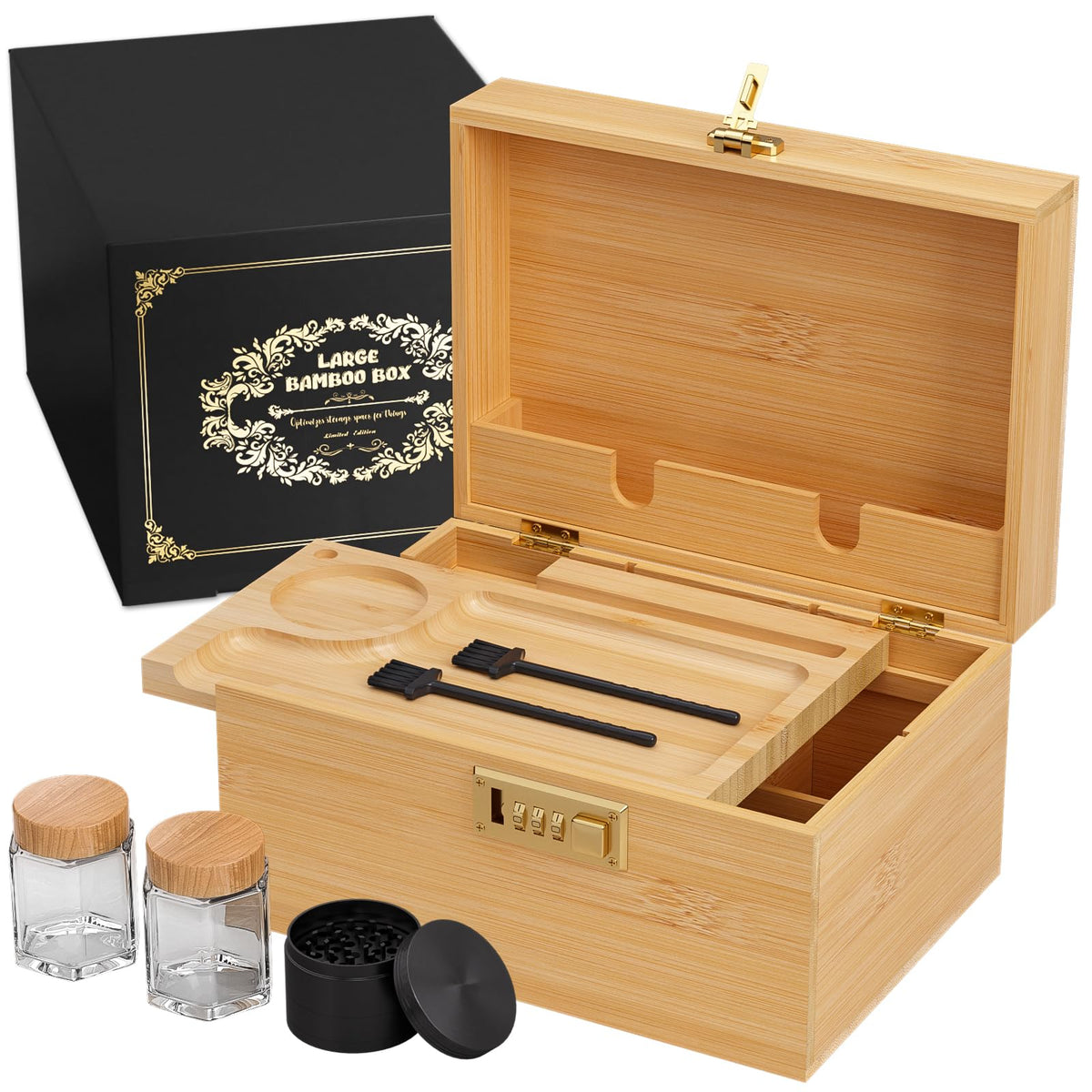 Medium Natural Bamboo Storage Box with Combination Lock and Tray - Image 1
