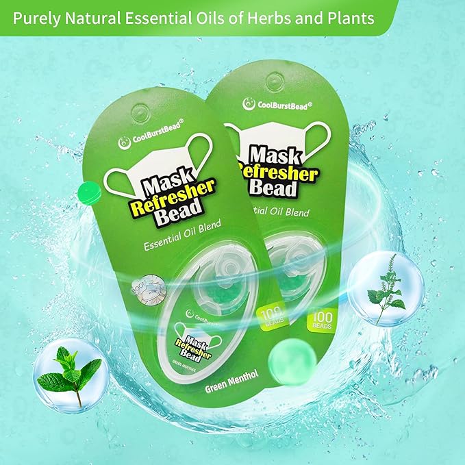 Menthol Beads for Face Mask Refresher, Long-Lasting & Strong Refreshing Fragrance, with Natural Essential Oils from Herbs and Plants (100 beads/pack), Pack of 2, Green Menthol