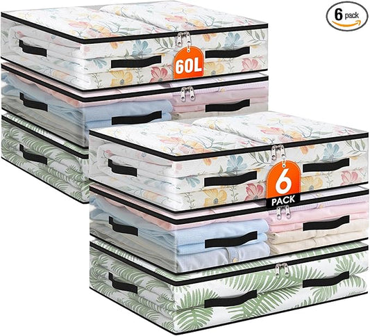 6 Pack Under Bed Storage Bags, 60L Foldable Clear Storage Containers with Handles, Dual Zippers for Comforter, Clothes, Bedding, Linen Sheets, Sweaters, Blanket Storage