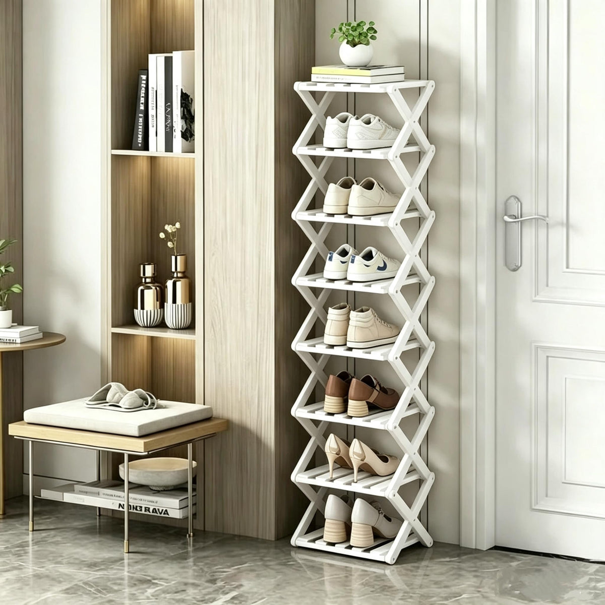 8 Tier Foldable Shoe Rack, Bamboo Vertical Shoe Organizer Tall - Image 1