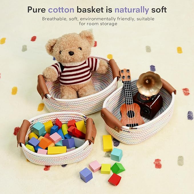 5 Piece Storage Baskets Small Woven Basket with Detachable Leather Handle, Cotton Rope Shelf Baskets for Closet Organizers, Different Sizes Basket Decor, Rainbow