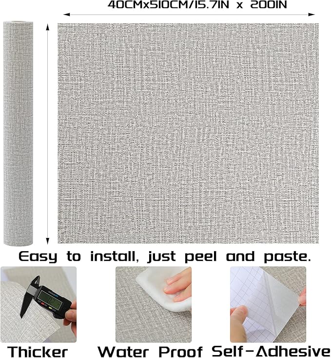 Peel and Stick Wallpaper Grey Grass Cloth Wall Paper - 15.7 x 200 Inch Self Adhesive Wallpaper Peel and Stick, Easy to Paste Wall Contact Paper for Stand Liner, Table and Door Makeover Decor