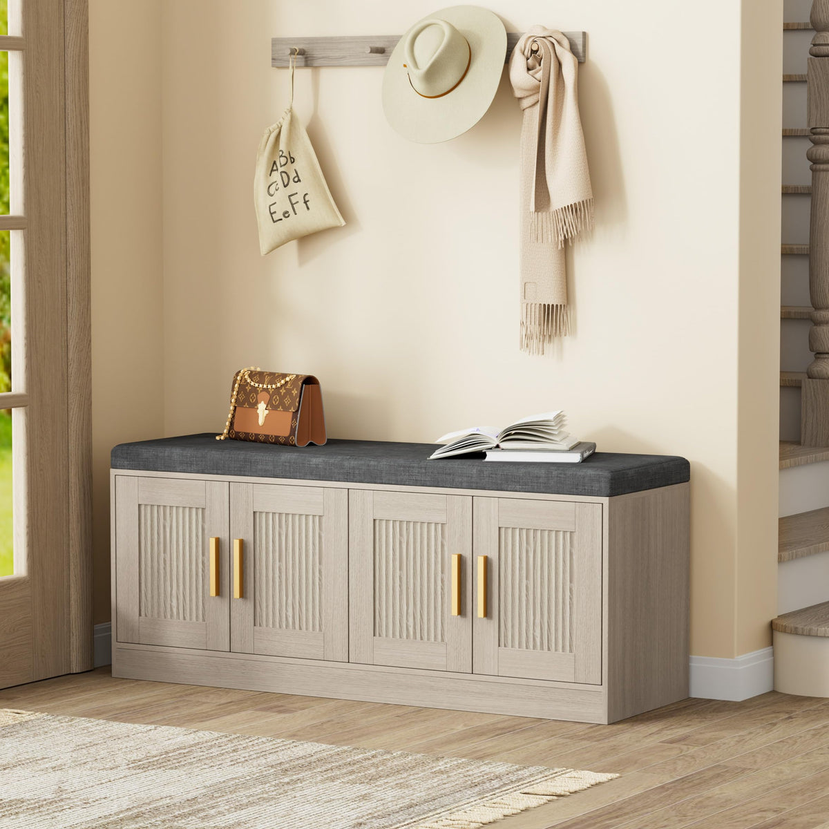 Fluted Shoe Storage Bench with 4 Doors & Thickened Cushion - Image 1