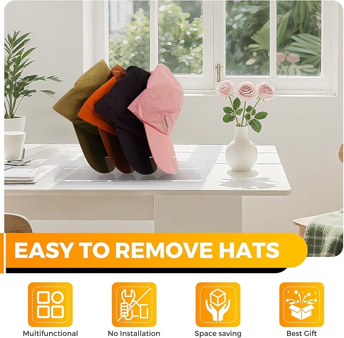 Clear Acrylic Hat Stand for Baseball Caps – 28-Cap Easy Setup Organizer for Bedroom, Closet, Dresser, Countertop, Display and Storage for Baseball Caps, Sports Hats, and Collectibles (4-Pack)