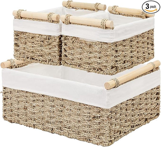 Vagusicc Wicker Storage Basket, 3-Packs Seagrass Storage Baskets for Organizing, Large Cube Storage Organizer Baskets Bins with Handles for Shelves Decor, Small Toilet Paper Storage Basket (Seagrass)