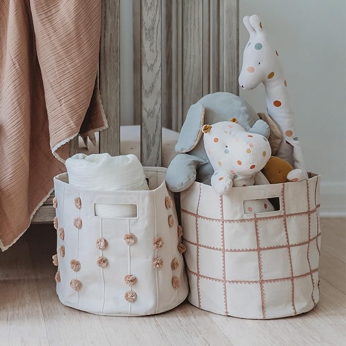 MakeMake Organics Storage Bins for Kids Nursery Bin Organizer (13"x12") Laundry Basket for Closet, Decorative Floor Storage Basket Canvas Fabric Storage Basket (Pompom - Taupe)