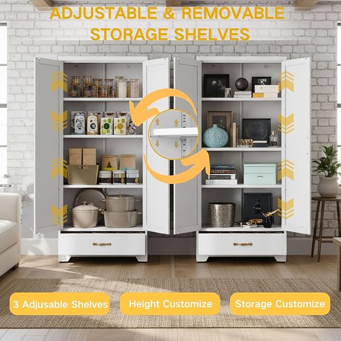 DWVO 62" Pantry Cabinet with Doors and Shelves, Metal Kitchen Storage Cabinet with Magnetic Door & Adjustable Shelves, Farmhouse Tall Cabinet for Dining Room, Kitchen, White