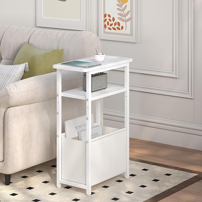 Narrow Side Table Set of 2, Skinny End Tables with Fabric Basket, Small Side Tables for Small Space,2-Tier Open Shelves with Basket, Slim Nightstands Set 2 for Bedroom,Livinroom,Office,White