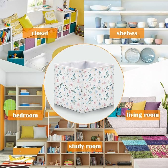 Bolaz Wild Flower Blue and Pink Mood Closet Organizers Storage Cubes Storage Bins Shelf Baskets Containers for Home Kids Room Toys Office,Square