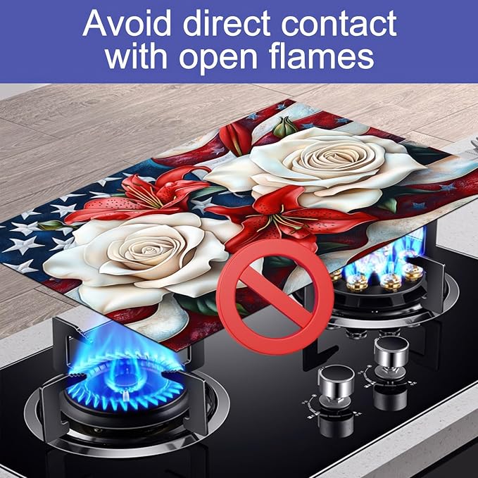 Stove Top Cover for Electric 28x20 Inch American Flag Rose Lily Kitchen Mat Heat Resistant Stovetop Cover Pad Countertop Protector for Electric Glass Cooktop Patriotic Kitchen Decor
