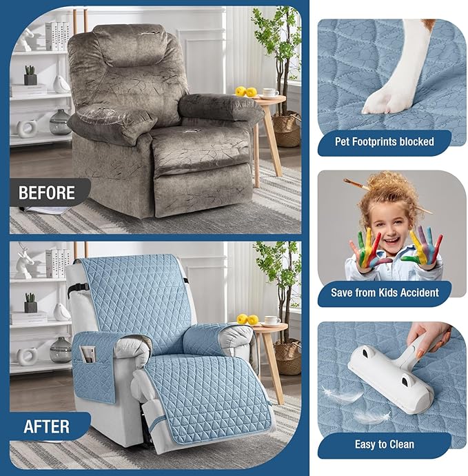 TAOCOCO 100% Waterproof Recliner Cover - Recliner Cover with Non-Slip Granule, Recliner Chair Covers with Elastic Band, Recliner Chair Covers for Reclining Chair(Light Blue,Large-28'')