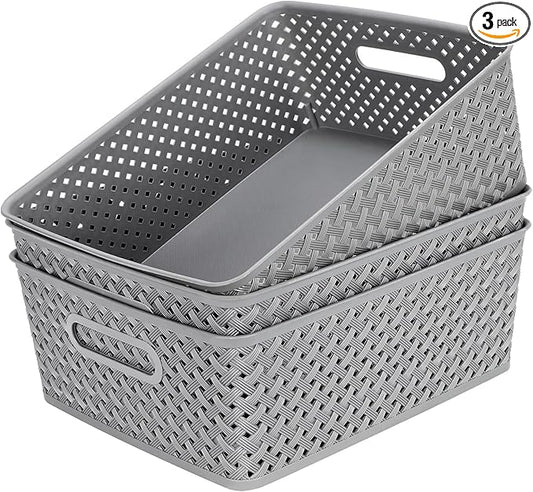 MaxGear Organization and Storage 3 Packs, Plastic Bins Organizer Bins, Woven Baskets for Storage, Plastic Baskets with Handles, Grey Basket for Organizing, Basket Organizer for Home and Office, Large