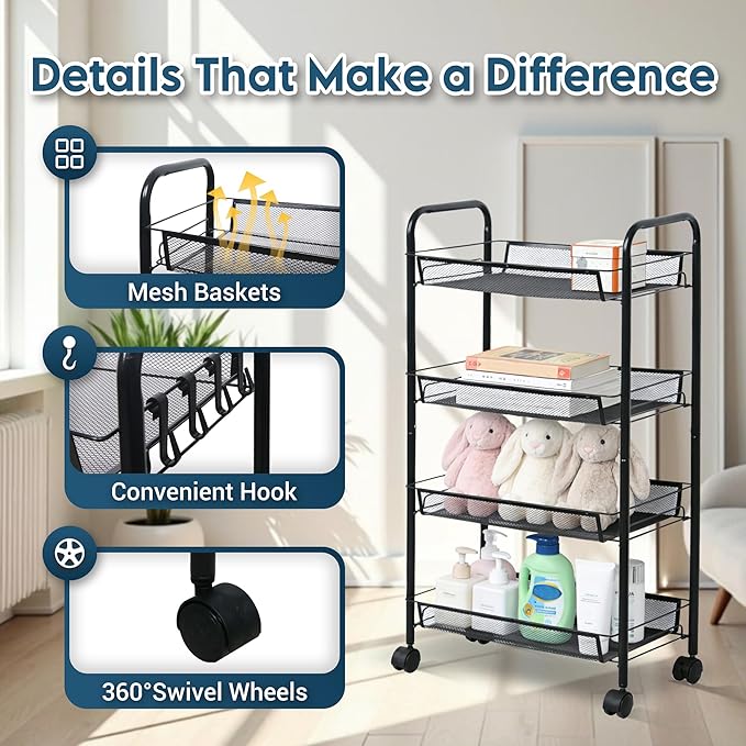 LOFTEY 4 Tier Rolling Storage Cart, Small Metal Utility Cart on Wheels, Rolling Organizer Carts for Kitchen, Bathroom, Laundry Room, Office, Easy No-Tool Assembly, Black