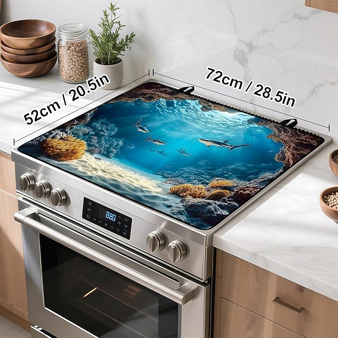 Underwater World Stove Top Cover Retro Flower Gas Stove Top Cover for Home Decoration Kitchen Pad Non-Stick Washable Cooktop Covers Countertop Protector Keep Stove Clean 28"x20"
