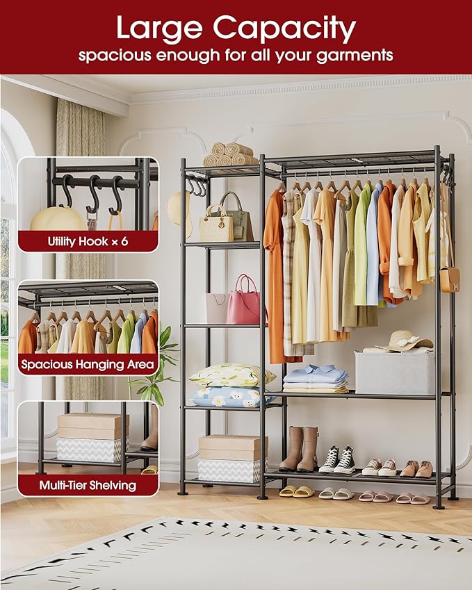 Closet Organizers and Storage - Free-Standing Clothes Rack with Leveling Feet & Wall-Anchor Straps, Wardrobe Closet with 6 Hooks for Bedroom, Living Room, Laundry, 48.8"×12.6"×62.2", Black