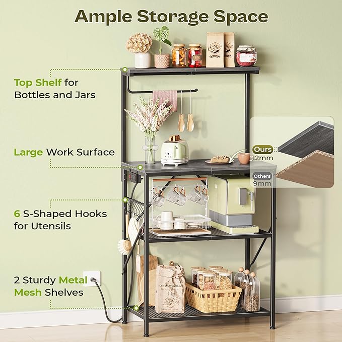 Huuger 4-Tier Bakers Rack with Reversible Power Outlet, 23.6 Inch Microwave Stand with Paper Towel Holder, Kitchen Bar, Larger Storage with Top Shelf, 6 S Hooks, Grey