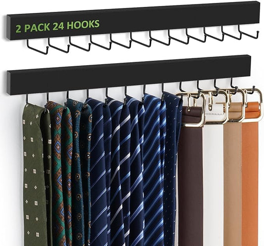 2 Pack Tie Rack Wall Mounted Belt Organizer for Men, Wooden Tie Hanger for Wall Closet with 24 Non-Slip Rotating Hooks Necktie Storage Space Saving, Black