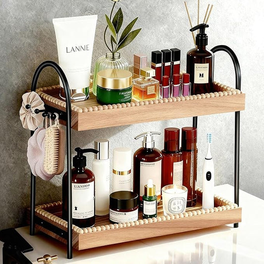 2-Tier Perfume & Makeup Organizer with 8 Jewelry Hooks, Eco-Coated Paulownia Wood Vanity Tray for Bathroom, Coffee Bar & Dresser - Large Storage Shelf for Skincare Bottles (Light Brown & Black)
