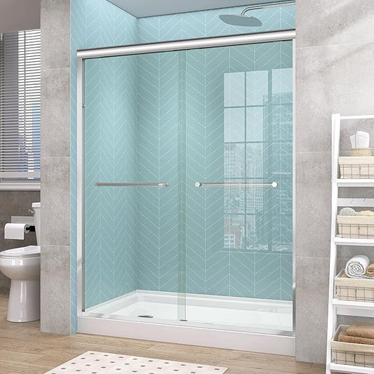 GETPRO Shower Door 62-66 in. W x 72 in. H Double Sliding Semi-Frameless Bypasss Bathroom Shower Glass Doors 1/4 inch Clear Tempered Glass Door for Walk-in Shower Chrome Finish
