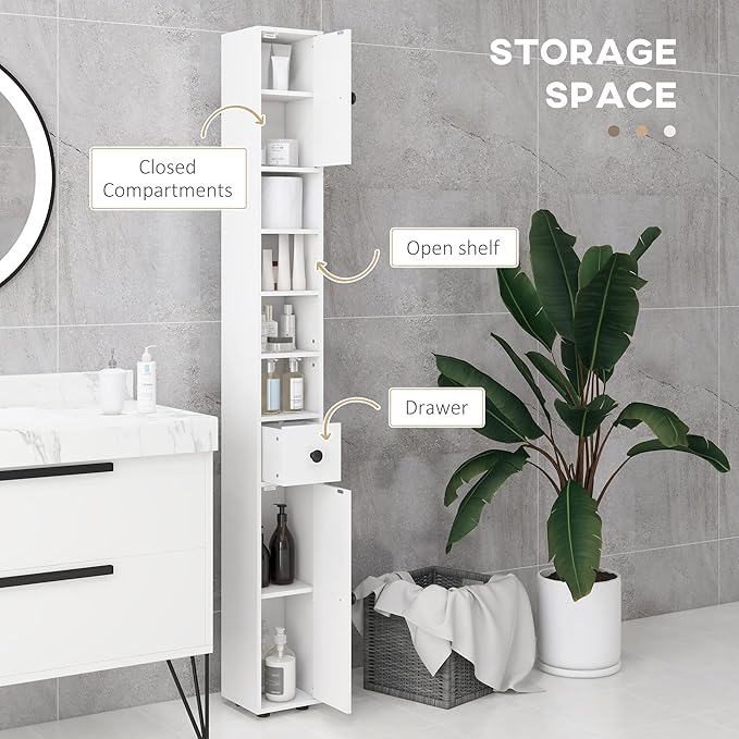 kleankin 71" Tall Bathroom Storage Cabinet, Narrow Freestanding Toilet Paper Cabinet with Open Shelves, 2 Door Cabinets, Adjustable Shelves for Kitchen, Hallway, Living Room, White