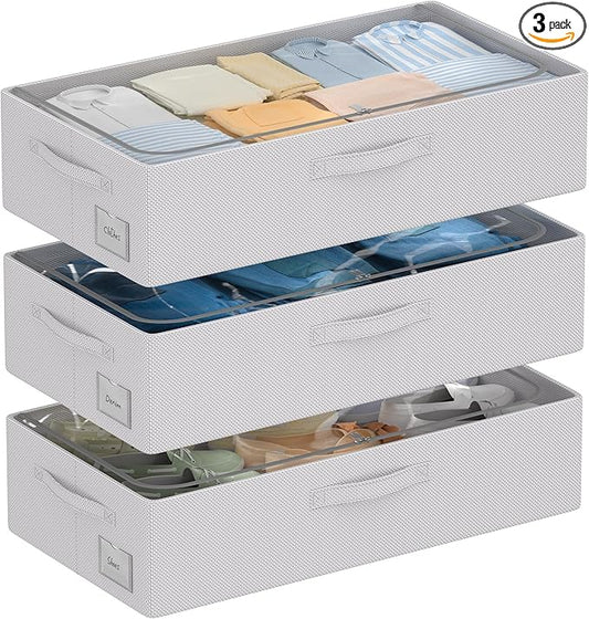 CYhom 3Pcs Under Bed Storage Bins with Metal Frame - Shoe Organizer for Closet with Clear Cover Oxford Fabric Sturdy Underbed Container Foldable Stackable Clothes Organizer (Grey, 23.5x11.8x6.3)