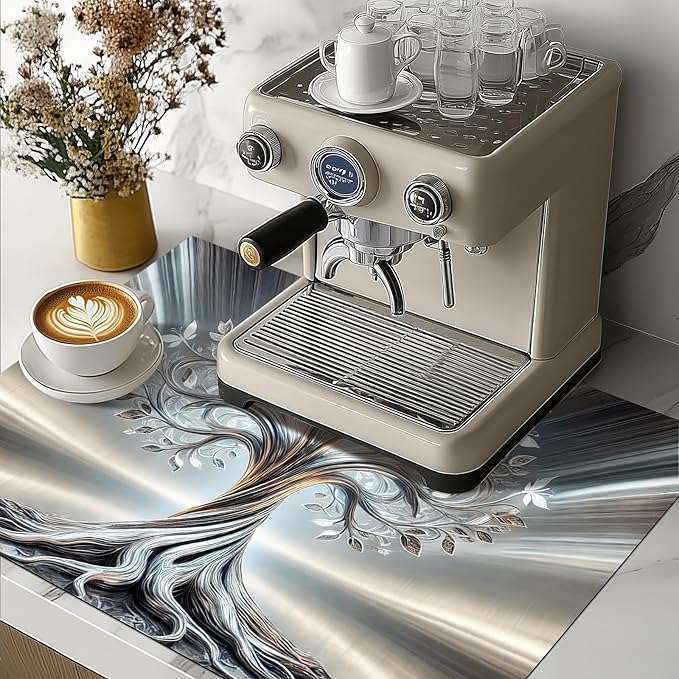 Silver Tree Stove Top Covers Pad Kitchen Decorations Dish Drying Mat 28 x 20 inches Tree of Life Coffee Bar Mats Absorbent Pad Fit Coffee Maker Machine Dish Drying Kitchen Decor