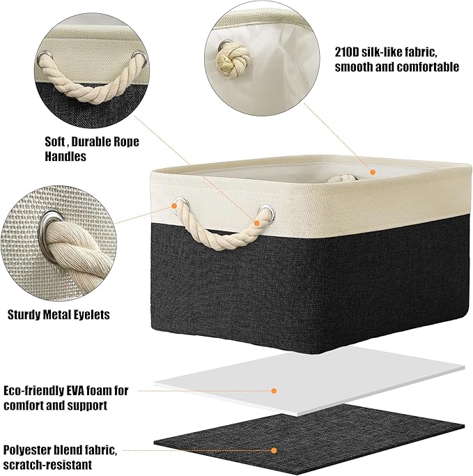 Simple Houseware Large Fabric Storage Bin, 15.7" x 12" with Braided Handles, 3 Pack, Black