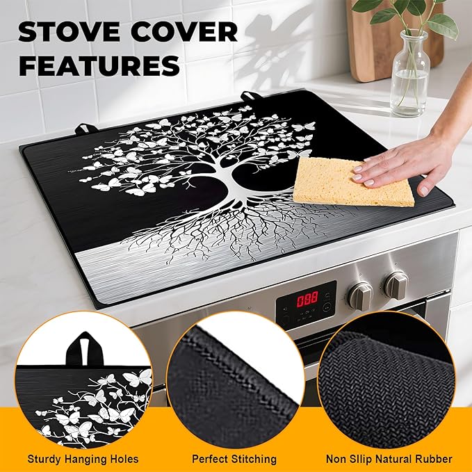 Tree of Life Stove Top Cover Retro Flower Gas Stove Top Cover for Home Decoration Kitchen Pad Non-Stick Washable Cooktop Covers Countertop Protector Keep Stove Clean 28"x20"