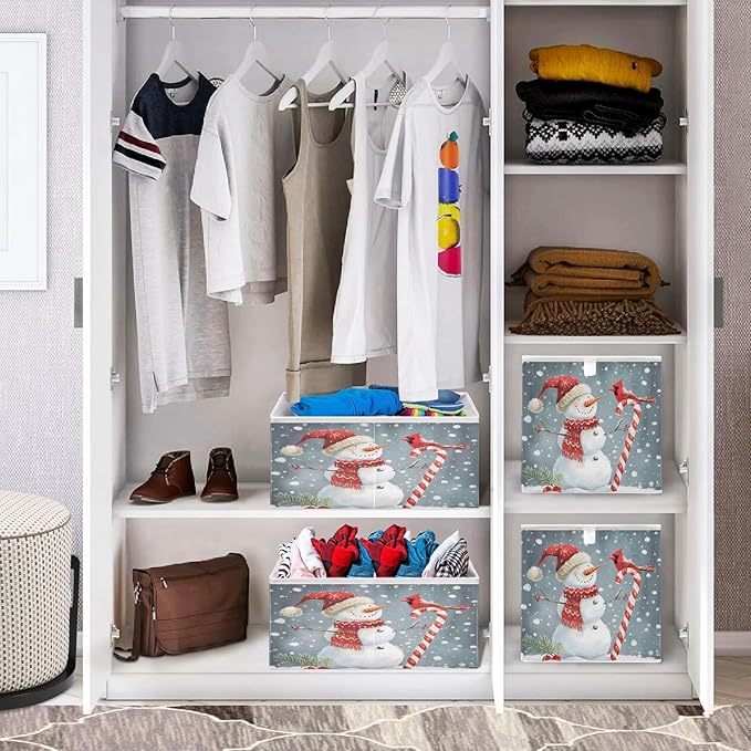 Bolaz Snowman with Bird Snowflakes Closet Organizers Storage Cubes Storage Bins Shelf Baskets Containers for Home Room Office,Rectangle