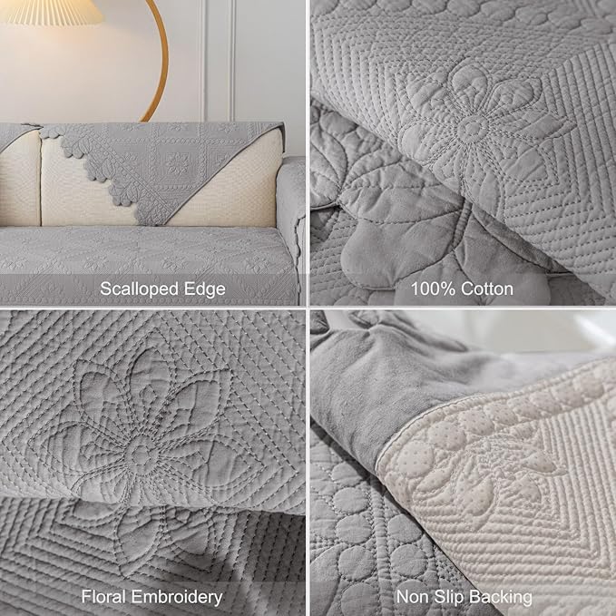Cotton Quilted Dog Couch Cover for Sofa Farmhouse Rustic Embroidery Sectional Couch Cover Soft Anti-Slip Sofa Slipcover Furniture Protector for Kids, Pets (Grey,36"x82")