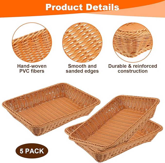5 Pack 15.8 Inch Large Wicker Bread Baskets, Brown Woven Serving Basket Trays for Food, Bread, Fruits, Vegetables, Snacks - PVC Rattan Display for Restaurant & Home