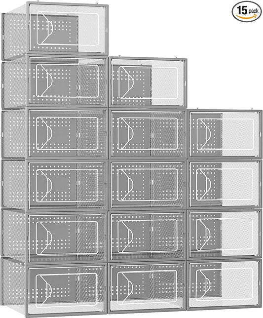 Shoe Storage Box, 15 Pack Clear Plastic Stackable Shoe Organizer for Closet, Interlocking Design Shoe Container Bins for Sneakers, Foldable Shoe Rack with Lids, Gray