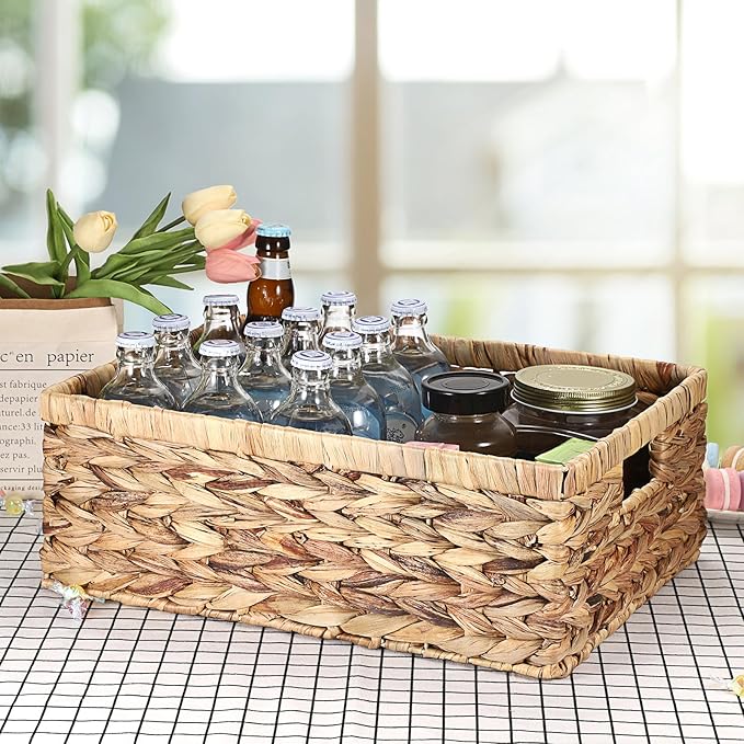 Hipiwe Wicker Basket for Shelf Organizing, Storage Basket Bins with Built-in Handles, Handwoven Water Hyacinth Baskets Rectangular Decorative Baskets Bin,15.9"x12"x5.9"