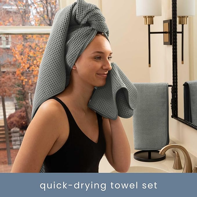 S&T INC. Aura Towel Set, 6 Piece Set, Premium Waffle Weave, Bath Towels, Wash Cloths and Hand Towels for Bathroom, Kitchen, and Home, Absorbent and Fast Drying Microfiber, 420gsm, 6 Pack, Grey