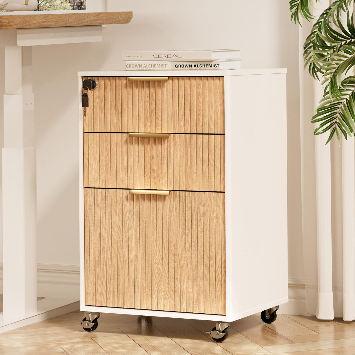 3 Drawers Fluted Mobile File Cabinet with Lock, Rolling - Image 1
