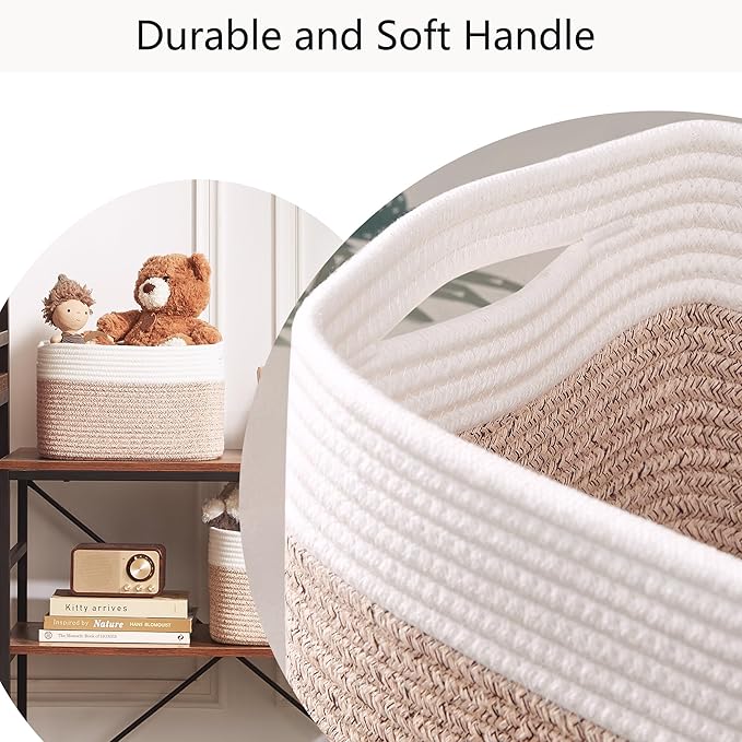 Storage Baskets for Shelves Set of 4 Woven Baskets for Closet Rectangle Toy Bin for Baby Nursery 12.7"Lx9"Wx7.9"H Brown & White