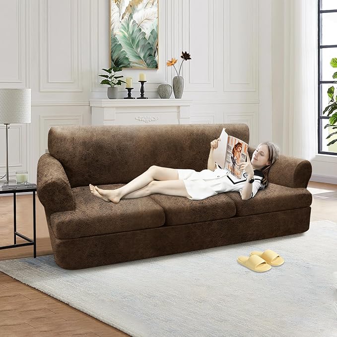 4-Pieces T Cushion Sofa Slipcovers - Leather Look Couch Cover for 3 Cushion Couch - Furniture Protector Stretch Sofa Cover With 3 Individual Seat Covers - Washable, Light Brown