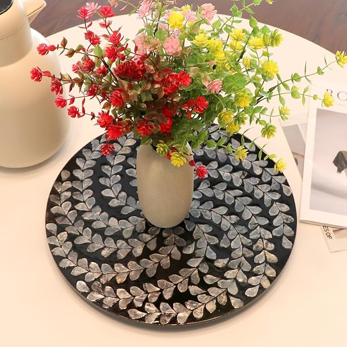 13.8" Mother of Pearl Lazy Susan Turnable Organizer, 360 Degree Round Table Countertop Decorative Spinning Tray for Kitchen Cabinet Counter Spice Pantry Dinner Table (Black Wicker)