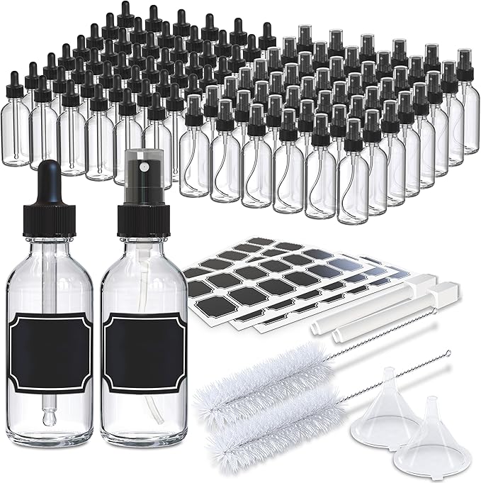 Nevlers 2 Oz Dropper & Spray Clear Glass Bottles w/Funnels, Cleaning Brushes, Label Stickers & Markers Bundle