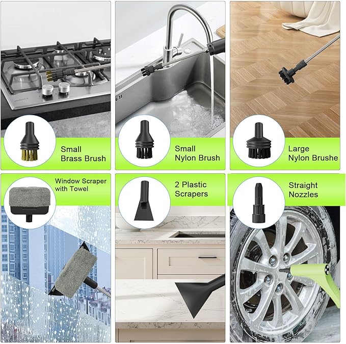 Steam Cleaner, Handheld Steam Cleaner with 6 Levels Adjustable Handle, 1.5L Water Tank, Steamer for Cleaning, Portable Steam Cleaner for Home, Car, Furniture, Couch, Bed Bugs (White & Green)