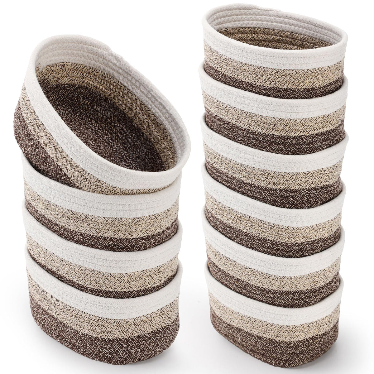 10 Pack Small Woven Baskets, Cotton Rope, White, Natural Linen - Image 2